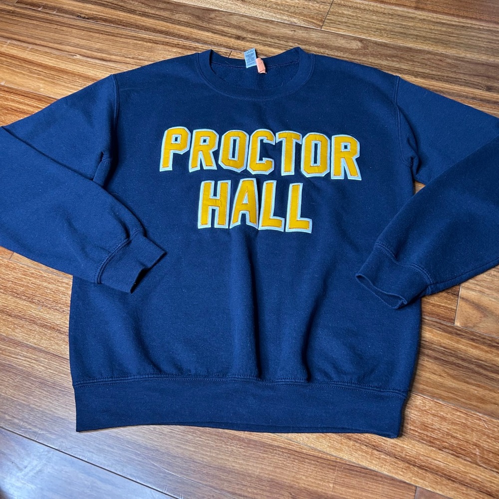 Proctor Hall Sweatshirt Crewneck Small S Blue Gold patch Collegiate Pullover Top